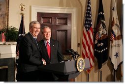 President George W. Bush announces Stephen Johnson as his nominee for EPA Administrator in the Roosevelt Room at the White House Friday, March 4, 2005. "He has 24 years of experience at the EPA, spanning all four decades of the agency’s history," said the President.  White House photo by David Bohrer