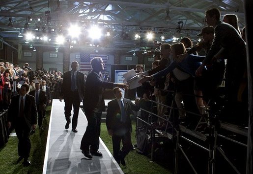 President George W. Bush greets audience members during after discussing Social Security in Westfield, N.J., Friday, March 4, 2005. White House photo by Paul Morse