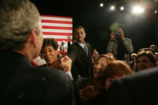 President George W. Bush greets the audience at the Community College of Allegheny County in Pittsburgh Monday, March 7, 2005. White House photo by Susan Sterner