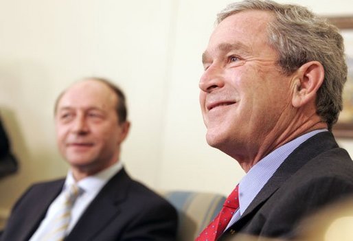 President George W. Bush and Romanian President Traian Basescu address the press in the Oval Office Wednesday, March 9, 2005. White House photo by Paul Morse