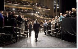 President George W. Bush receives a warm welcome at the Kentucky Center for the Performing Arts in Louisville, Ky., where he kicks off a two-day trip to promote his plan to reform Social Security Thursday, March 10, 2005.  White House photo by Paul Morse