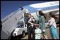 President George W. Bush waves from Air Force One during a visit to Shreveport, La., Friday, March 11, 2005. White House photo by Paul Morse