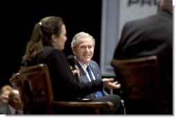 President George W. Bush participates in a conversation on strengthening Social Security at the Cannon Center for the Performing Arts in Memphis, Tenn., Friday, March 11, 2005.  White House photo by Paul Morse