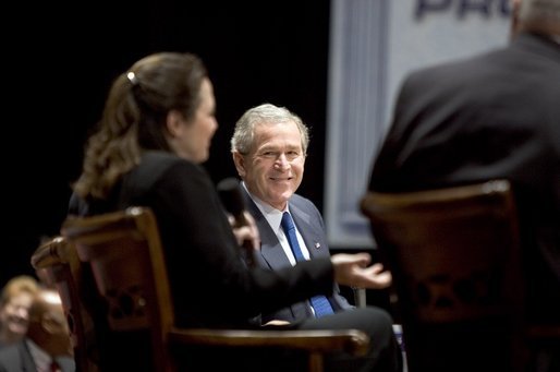 President George W. Bush participates in a conversation on strengthening Social Security at the Cannon Center for the Performing Arts in Memphis, Tenn., Friday, March 11, 2005. White House photo by Paul Morse