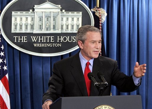 President George W. Bush holds a press conference in the James S. Brady Press Briefing Room at the White House Wednesday, March 16, 2005. "Iraq had a meeting today of its transitional national assembly. It's a bright moment in what is a process toward the writing of a constitution, the ratification of the constitution, and elections," said the President covering a wide range of topics. White House photo by Paul Morse