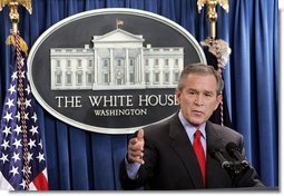 Spending almost an hour discussing the nation's topics, President George W. Bush talks with reporters in the James S. Brady Press Briefing Room at the White House Wednesday, March 16, 2005.  White House photo by Paul Morse