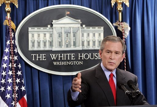 Spending almost an hour discussing the nation's topics, President George W. Bush talks with reporters in the James S. Brady Press Briefing Room at the White House Wednesday, March 16, 2005. White House photo by Paul Morse