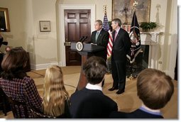 President George W. Bush announces his nomination of Congressman Rob Portman, R-Ohio, to be the next U.S. Trade Representative during a ceremony in the Roosevelt Room Thursday, March 17, 2005. "As a member of the House leadership, Rob has shown he can bring together people of differing views to get things done. He's been a tireless advocate for America's manufacturers and entrepreneurs," said the President.  White House photo by Paul Morse