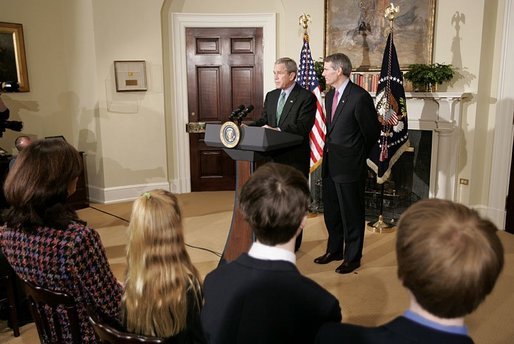 President George W. Bush announces his nomination of Congressman Rob Portman, R-Ohio, to be the next U.S. Trade Representative during a ceremony in the Roosevelt Room Thursday, March 17, 2005. "As a member of the House leadership, Rob has shown he can bring together people of differing views to get things done. He's been a tireless advocate for America's manufacturers and entrepreneurs," said the President. White House photo by Paul Morse