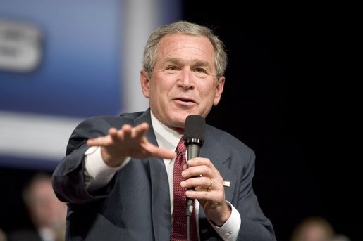 President George W. Bush discusses Social Security at Kirkwood Community College in Cedar Rapids, Iowa, Wednesday, March 30, 2005. "It has provided a safety net for a lot of citizens. The problem is, there's a hole in the safety net for a generation which is coming up," said the President. ".we ought to allow younger workers to set aside some of their own money in a personal savings account as part of the Social Security," said the President during his remarks. White House photo by Paul Morse