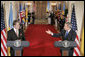 President George W. Bush gestures to Ukraine President Viktor Yushchenko Monday, April 4, 2005, during a press availability at the White House.White House photo by Paul Morse