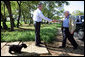 Israeli Prime Minister Ariel Sharon is greeted by President George W. Bush upon the Prime Minister's arrival Monday, April 11, 2005, to the President's ranch in Crawford, Texas. White House photo by Eric Draper