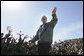 President George W. Bush receives a rousing Fort Hood welcome Tuesday, April 12, 2005, as he arrived at the base to thank the troops for their service and sacrifice in Iraq. "Whether you're coming or going, you are making an enormous difference for the security of our nation and for the peace of the world," the President said. White House photo by Eric Draper