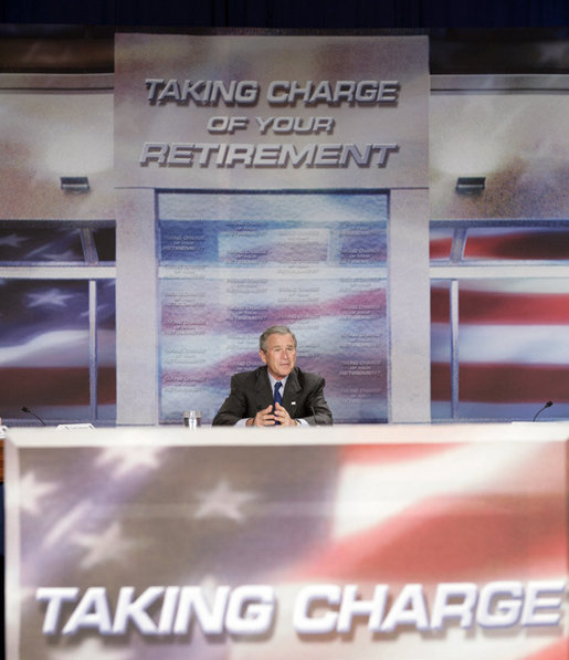 President George W. Bush talks about Social Security during a visit to Kirtland, Ohio, April 15, 2005. White House photo by Paul Morse