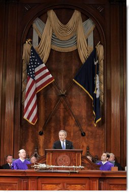 President George W. Bush addresses South Carolina legislators at the State House in Columbia Monday, April 18, 2005. "The people of South Carolina look to you and they look to your Governor for leadership. And you delivered. You set clear priorities for your budget, and you made hard decisions when it came to spending. To rein in the rising costs of health care, you became one of the first states in the nation to offer health savings accounts to state employees," said the President. White House photo by Paul Morse