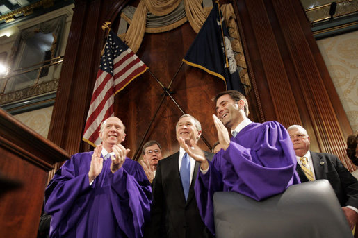 President George W. Bush is greeted to applause as he prepares to address legislators about Social Security at the State House in Columbia, S.C., Monday, April 18, 2005. White House photo by Paul Morse