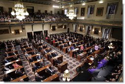 President George W. Bush addresses South Carolina legislators at the State House in Columbia Monday, April 18, 2005. "I found this to be an interesting statistic about your state: More than 76 percent of the people in your state own their own home, one of the highest rates in the United States. Small businesses are investing and expanding, exports are on the rise. Thanks to your leadership, thanks to your hard work, thanks to your willingness to set aside partisan differences, jobs are coming back to the great state of South Carolina," said the President.  White House photo by Paul Morse