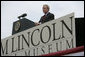 President George W. Bush speaks at the dedication of the Abraham Lincoln Presidential Library and Museum in Springfield, Ill., Tuesday, April 19, 2005. "When his life was taken, Abraham Lincoln assumed a greater role in the story of America than man or President," said President Bush. "Every generation has looked up to him as the Great Emancipator, the hero of unity, and the martyr of freedom." White House photo by Eric Draper