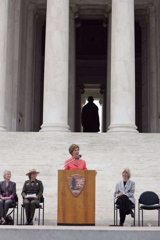 Laura Bush talks about America's national parks during a Junior Ranger campaign event at the Thomas Jefferson Memorial in Washington, D.C., April 21, 2005. White House photo by Paul Morse