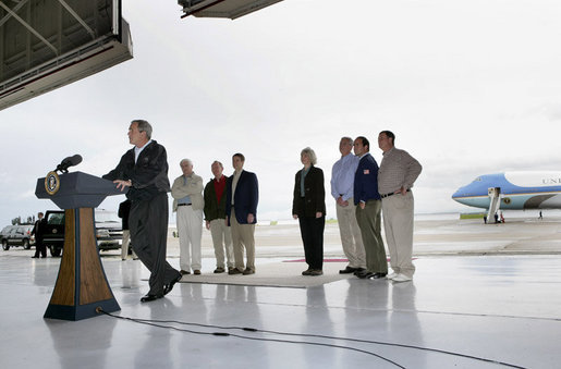 President George W. Bush delivers remarks on Earth Day Friday, April 22, 2005, at McGhee Tyson Air National Guard Base in Knoxville, Tenn. Standing behind him are, from left: Rep. John Duncan, Jr.; Senator Lamar Alexander; Senator Bill Frist; Interior Secretary Gale Norton; EPA Administrator Steve Johnson; Rep. Zach Wamp, and Rep. William Jenkins. White House photo by Eric Draper