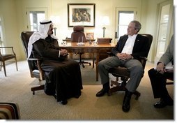 President George W. Bush visits with Saudi Crown Prince Abdullah Monday, April 25, 2005, at the President's ranch in Crawford, Texas.  White House photo by Eric Draper