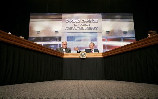 President George W. Bush opens the discussion during a roundtable meeting on Strengthening Social Security at the University of Texas Medical Branch in Galveston, Texas, Tuesday, April 26, 2005. "In 1950, 16 workers were paying for every beneficiary," said President Bush. "Today, there's 3.3 workers for every beneficiary. Soon there's going to be two workers for every beneficiary." White House photo by Eric Draper