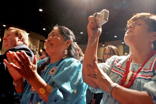 People cheer for Laura Bush after her remarks at the Heard Museum in Phoenix, Ariz., April 26, 2005. White House photo by Krisanne Johnson