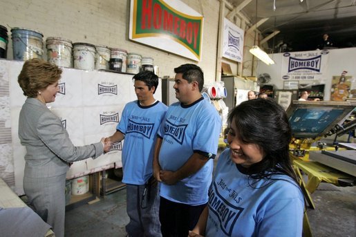 Laura Bush meets members of the Homeboy Industries program in Los Angeles during her tour of the facility April 27, 2005. White House photo by Krisanne Johnson