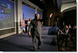 President George W. Bush waves after addressing the National Small Business Week Conference in Washington, D.C., Wednesday, April 27, 2005.  White House photo by Paul Morse