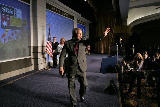 President George W. Bush waves after addressing the National Small Business Week Conference in Washington, D.C., Wednesday, April 27, 2005. White House photo by Paul Morse