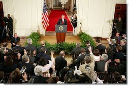 President George W. Bush holds a press conference in the East Room Thursday, April 28, 2005. "Social Security has provided a safety net that has provided dignity and peace of mind for millions of Americans in their retirement," said President Bush as he discussed many topics with reporters. "Yet there's a hole in the safety net because Congresses have made promises it cannot keep for a younger generation."  White House photo by Paul Morse