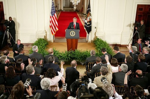 President George W. Bush holds a press conference in the East Room Thursday, April 28, 2005. "Social Security has provided a safety net that has provided dignity and peace of mind for millions of Americans in their retirement," said President Bush as he discussed many topics with reporters. "Yet there's a hole in the safety net because Congresses have made promises it cannot keep for a younger generation." White House photo by Paul Morse