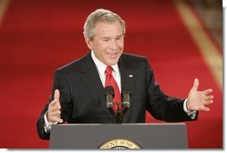 President George W. Bush holds a press conference in the East Room Thursday, April 28, 2005. "Millions of American families and small businesses are hurting because of higher gasoline prices," said the President addressing many topics. "My administration is doing everything we can to make gasoline more affordable."  White House photo by Paul Morse