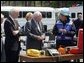 During a visit to the Federal Law Enforcement Training Center in Glyco, Georgia, Vice President Dick Cheney and Department of Homeland Security Secretary Michael Chertoff are shown some of the kinds of equipment used by emergency workers in the event of a chemical or biological attack May 2, 2005. White House photo by David Bohrer