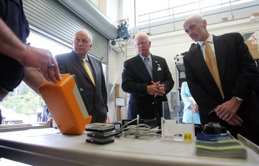 Vice President Dick Cheney, Senator Saxby Chambliss, and Department of Homeland Security Secretary Michael Chertoff are shown various types of radioactive sensing devices during a visit to the Federal Law Enforcement Training Center in Glynco, Georgia, May 2, 2005. White House photo by David Bohrer