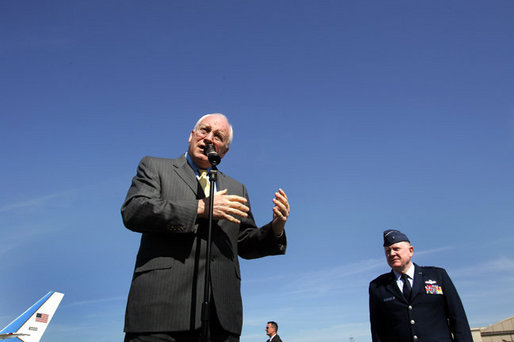 Vice President Dick Cheney, accompanied by General Mark Stogsdill, commander of the 94th Airlift Wing, addresses U.S. troops at Dobbins Air Force Base in Marietta, Ga., Monday, May 2, 2005. In his remarks, the Vice President thanked the troops and their families for their service.White House photo by David Bohrer