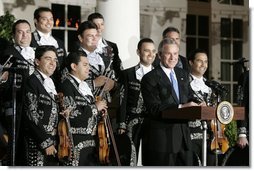 President George W. Bush delivers remarks during the White House celebration of Cinco de Mayo in the Rose Garden Wednesday, May 4, 2005.  White House photo by Paul Morse