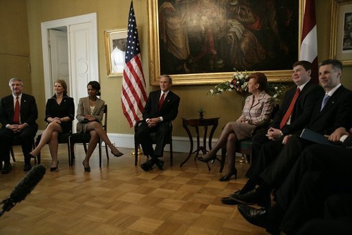 President George W. Bush meets with Latvian President Vaira Vike-Freiberga Saturday, May 7, 2005, at Riga Castle in Riga, Latvia. White House photo by Eric Draper