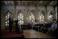 Delivering an address during the 60th anniversary week of WWII, President George W. Bush tells the story of Latvian sailors on eight freighters who disobeyed orders from a puppet government and remained at sea to help the U.S. Merchant Marines during the war at The Small Guild Hall in Riga, Latvia, Saturday, May 7, 2005. “By the end of the war, six of the Latvian ships had been sunk, and more than half the sailors had been lost,” said President Bush. “Nearly all of the survivors settled in America, and became citizens we were proud to call our own.” White House photo by Krisanne Johnson