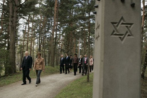 Laura Bush visits the Rumbula Holocaust Memorial in Riga, Latvia, Saturday, May 7, 2005. White House photo by Krisanne Johnson