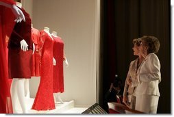 Laura Bush and Nancy Reagan view part of The Heart Truth’s First Ladies Red Dress Collection on exhibit Thursday, May 12, 2005, at the John F. Kennedy Center for the Performing Arts in Washington D.C.  White House photo by Krisanne Johnson