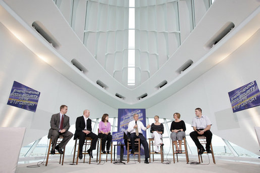 President George W. Bush discusses Strengthening Social Security at the Milwaukee Art Museum in Milwaukee, Wis., Thursday, May 19, 2005. "The job of the President is to confront problems and not pass those problems on to another President,." said the President. "And I realize if we don't act, we're liable to saddle a younger generation of Americans with an 18-percent payroll tax to make good for the promises that you've made for me. And that's not fair, and that's not right." White House photo by Paul Morse