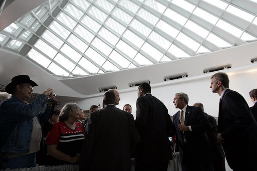 President George W. Bush meets audience members after speaking about Strengthening Social Security at the Milwaukee Art Museum in Milwaukee, Wis., Thursday, May 19, 2005. White House photo by Paul Morse