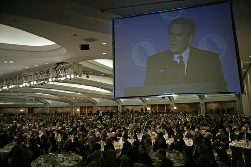 President George W. Bush delivers remarks at the National Catholic Prayer Breakfast in Washington, D.C., Friday, May 20, 2005. "This morning we also reaffirm that freedom rests on the self-evident truths about human dignity," said the President. "Pope Benedict XVI recently warned that when we forget these truths, we risk sliding into a dictatorship of relativism where we can no longer defend our values." White House photo by Eric Draper