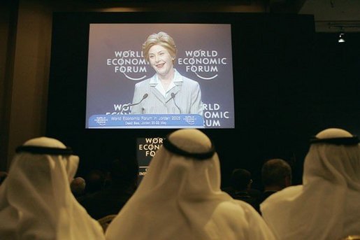 Audience members listen to Laura Bush discuss freedom and democratic values in the Middle East during a plenary session of the World Economic Forum at the Dead Sea in Jordan Saturday, May 21, 2005. White House photo by Krisanne Johnson