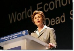 Laura Bush talks at the World Economic Forum at the Dead Sea in Jordan Saturday, May 21, 2005.  White House photo by Krisanne Johnson