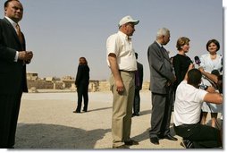 Laura Bush addresses the press during her tour of Hisham’s Palace in Jericho, Sunday, May 22, 2005. Mrs. Bush toured the eighth century Islamic palace and viewed mosaic restoration projects during her visit.  White House photo by Krisanne Johnson