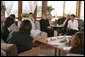 Laura Bush talks with Palestinian women about women’s rights at the Jericho Intercontinental Hotel in Jericho, Sunday, May 22, 2005. White House photo by Krisanne Johnson