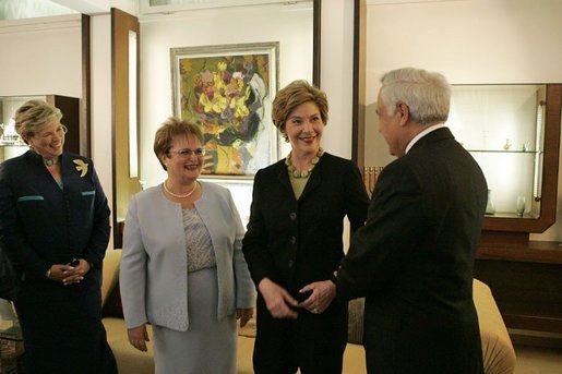 Laura Bush talks with, from left, Sheila Kurtzer, wife of U.S. Ambassador to Israel Daniel Kurtzer, Gila Katsav, wife of the Israeli president, and Israeli President Moshe Katsav at the president’s residence in Jerusalem, Sunday, May 22, 2005. White House photo by Krisanne Johnson