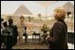 Press Secretary Susan Whitson talks with Laura Bush between television interviews in front of the Giza Pyramids in Giza, Egypt, Monday, May 23, 2005. White House photo by Krisanne Johnson